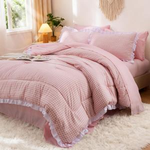 A Nice Night 5 Pieces Lightweight Soft Rustic Pink Ruffle Comforter, Plaid Checkered Chic Bedding Comforter Set for Queen Bed