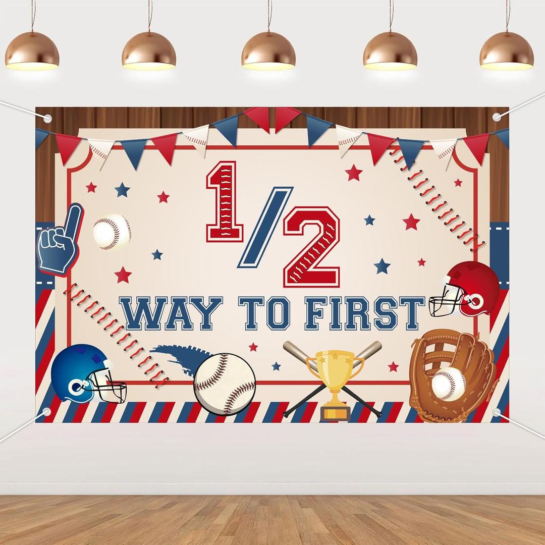 Baseball Half Birthday Decorations, 1/2 Way to First Backdrop Banner Baseball Party Background for Baby Boy Sports 6 Months 1/2 Half Way to One Birthday Party Supplies