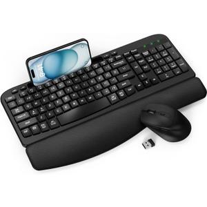 Wireless Keyboard and Mouse Combo, Full-Sized Ergonomic Wave Keys Keyboard with Memory Foam Wrist Rest & Phone Holder, 2.4G Quiet Keyboard Mouse Work Setup for PC Laptop, Office or Home (Black)