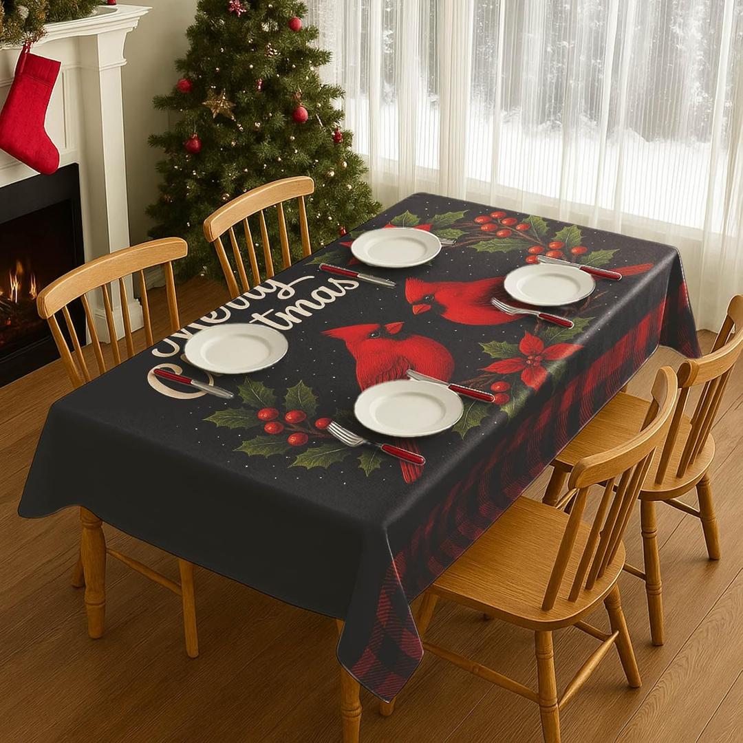 Christmas Tablecloth Festive Cardinal Birds and Holly Floral Ring Print 83x60 Inch Rectangle Plaid Table Cover for Dining Room Winter Holiday Party Table Decor