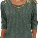 Heymiss Womens Sweaters 3/4 Sleeve V Neck Shirts Dressy Casual Blouses Loose Fit Tunic Tops Criss Cross (L)