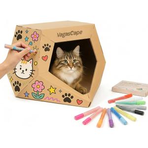 DIY Cardboard Cat House with 10 Markers, Creative Cat Scratcher House Play Cave for Indoor Cats and Kittens, Washable Kraft Paper Cat Scratching House for Family Bonding and Pet Relaxation