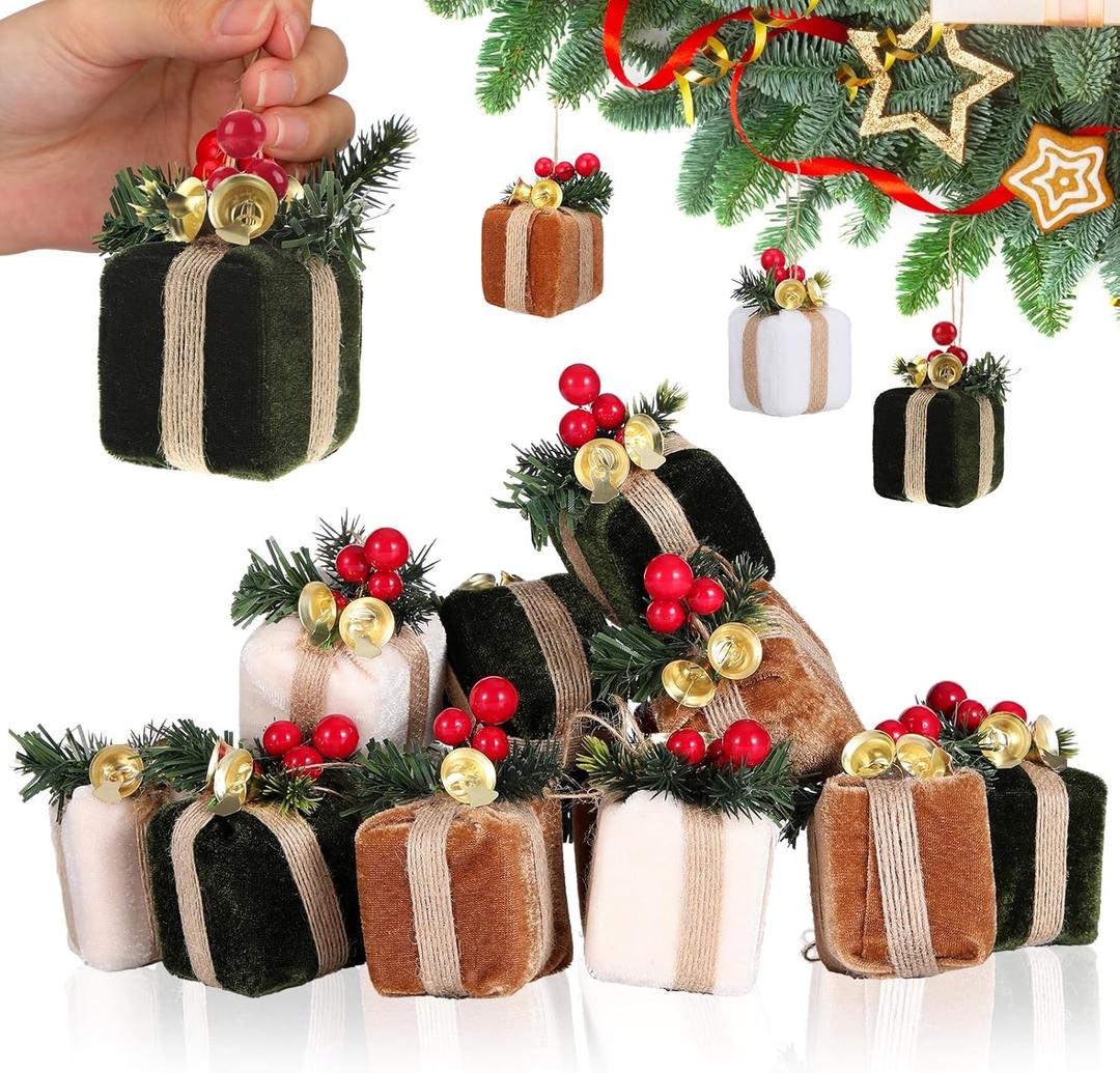 Panelee 12 Pcs Christmas Tree Mini Gift Boxes Velvet Christmas Tree Ornaments Vintage Present Decoration with Bells for Farmhouse Indoor Outdoor Xmas Party Holiday Decor(Beige, Brown, Green)