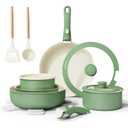 Bazova Ceramic Nonstick Cookware Set, Healthy,Non Toxic,17-Pieces Pots and Pans Set Removable Handles,Induction RV Kitchen Set,Stain & Scratch-resistant,Dishwasher/Oven Safe,PFAS/PFOA Free,Cream White (Green)
