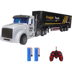 RC Semi Truck Toy for Kids - 1:32 Remote Control Carrier Van Transport Car, 17.3" Freight Container Truck with 2 Batteries, Semi Truck and Trailer with Lights, Great Gift for Boys Girls Age 3-8
