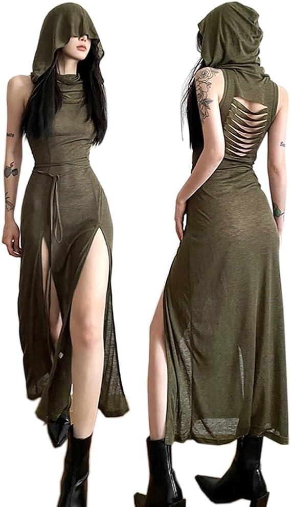 SINROYEE Women High Slit Long Dress Sexy Sleeveless Cocktail Dress Sexy Cutout Bodycon Party Club Cami Dresses (Medium, Khaki 4)