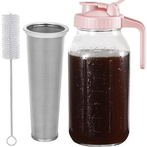 Glyntrof Cold Brew Coffee Maker Pitcher, Pink 64 Oz Heavy Duty Wide Mouth Glass Mason Jar pour spout Lid with Stainless Steel Filter for Iced Coffee, Ice Drinks