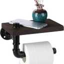 Toilet Paper Holder with Shelf, Industrial Wall Mounted Tissue Roll Hanger with Rustic Wooden Shelf for Bathroom, Washroom (Black)
