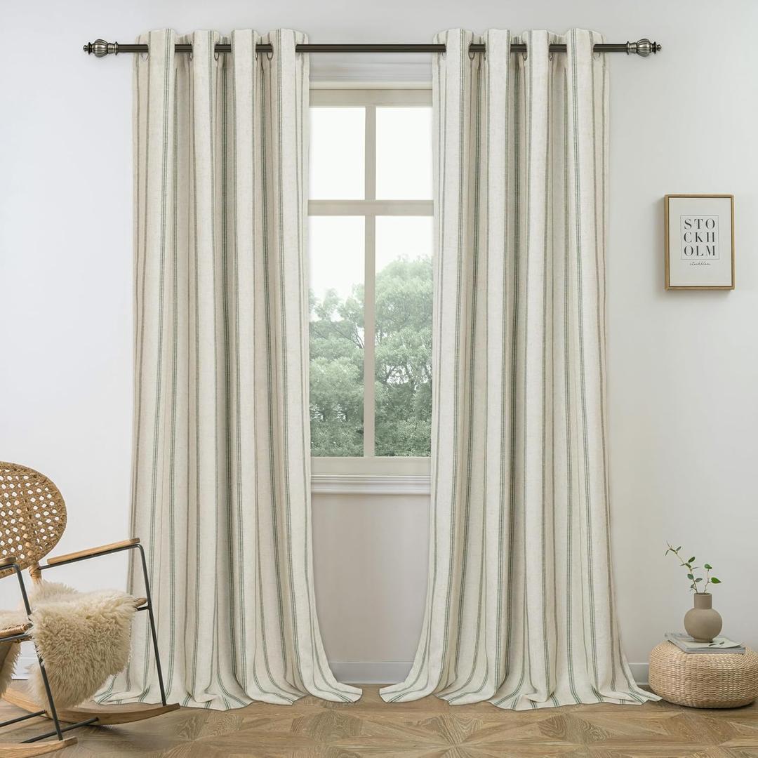 DriftAway Farmhouse Linen Blend Blackout Curtains 84 Inches Long for Bedroom Vertical Striped Printed Linen Curtains Thermal Insulated Lined Treatments for Living Room 2 Panels W52 x L84 Loden Green