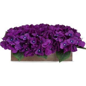 Pre-Made Flower Table Centerpiece, Artificial Hydrangea Arrangements Centerpieces Fake Flowers Decor Wood Tray Faux Flower Wedding Bouquets Room Kitchen Farmhouse Indoor Office Party(Purple)