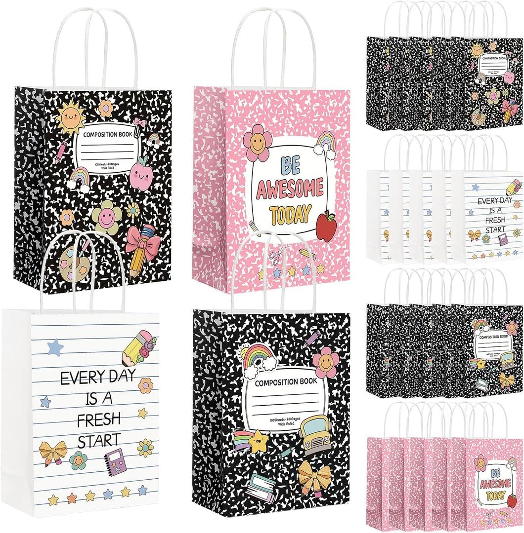 24Pcs Welcome Back to School Gift Bags,Teacher Appreciation Gift, Composition Notebook Pattern Paper Bags with Handles, Year Treat Bag for Back to School Graduation Retirement Wrapping Supplies, 15 x 21x 8 cm