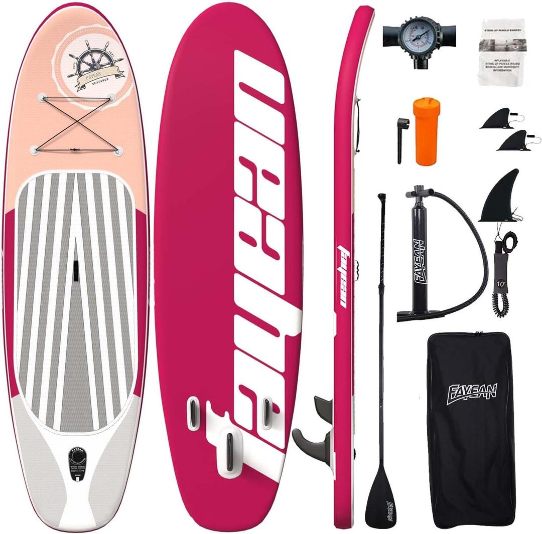 Inflatable Stand Up Paddle Board Non-Slip Deck, 11336 Complete SUP Accessories for All Skill Levels, Wide Seat & Safety Leash, 3 Fins, Adjustable Paddle, Pump & Carrying Backpack (Rose)