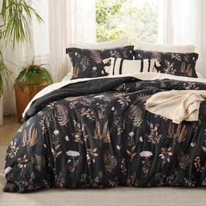 Bedsure Comforter Set King Size - Cute Floral Comforter, Black Bedding Comforter Sets, 1 Soft Reversible Botanical Flowers Comforter and 2 Pillow Shams
