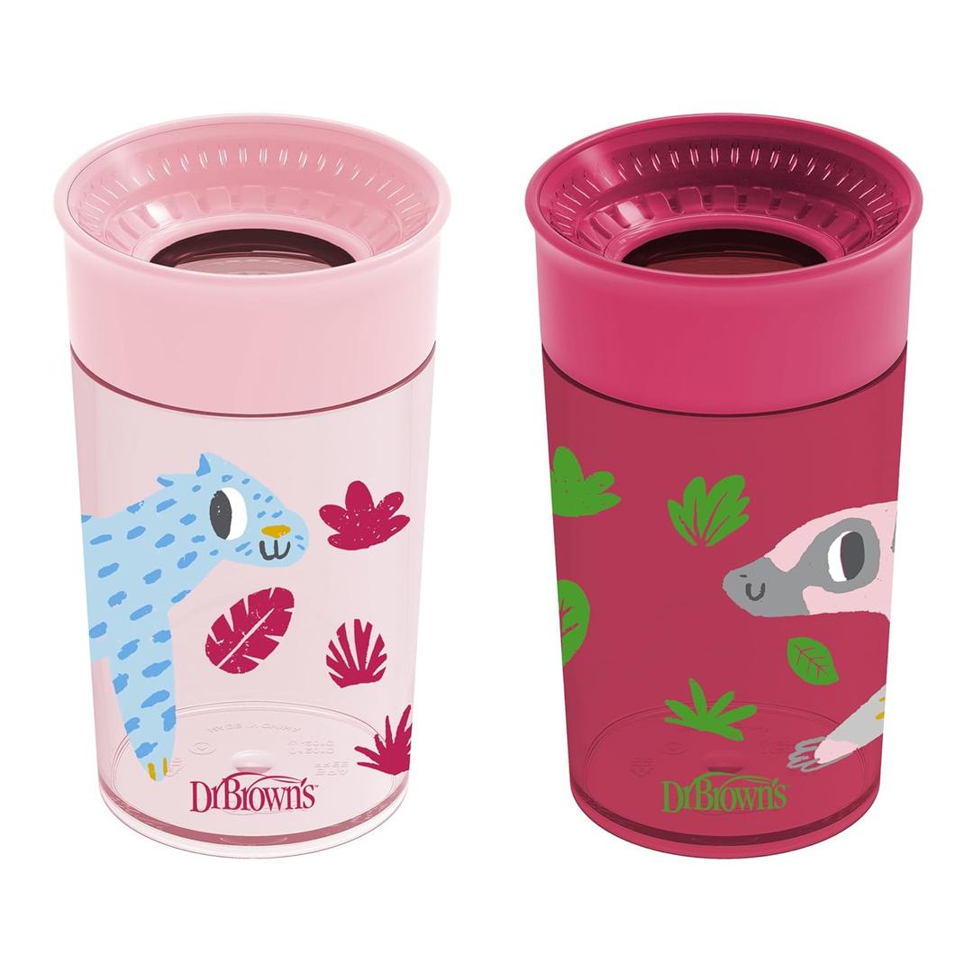 Dr. Brown's Milestones Cheers 360 Cup Spoutless Transition Cup, Travel Friendly & Leak-Free Sippy Cup, Pink Leopard  Red Lemur, 10 oz/300 mL, 2 count (1 pack)