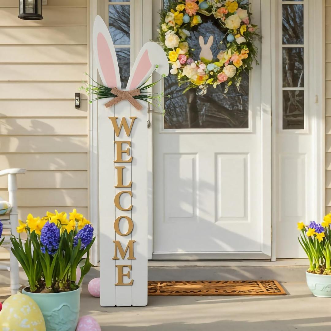 Yousoontic Easter Welcome Porch Sign Decor 47" Easter Bunny Rabbit Wooden Front Door Standing Hanging Sign Bunny Outdoor Porch Decorations for Home Front Door Yard Garden Spring Party Decor