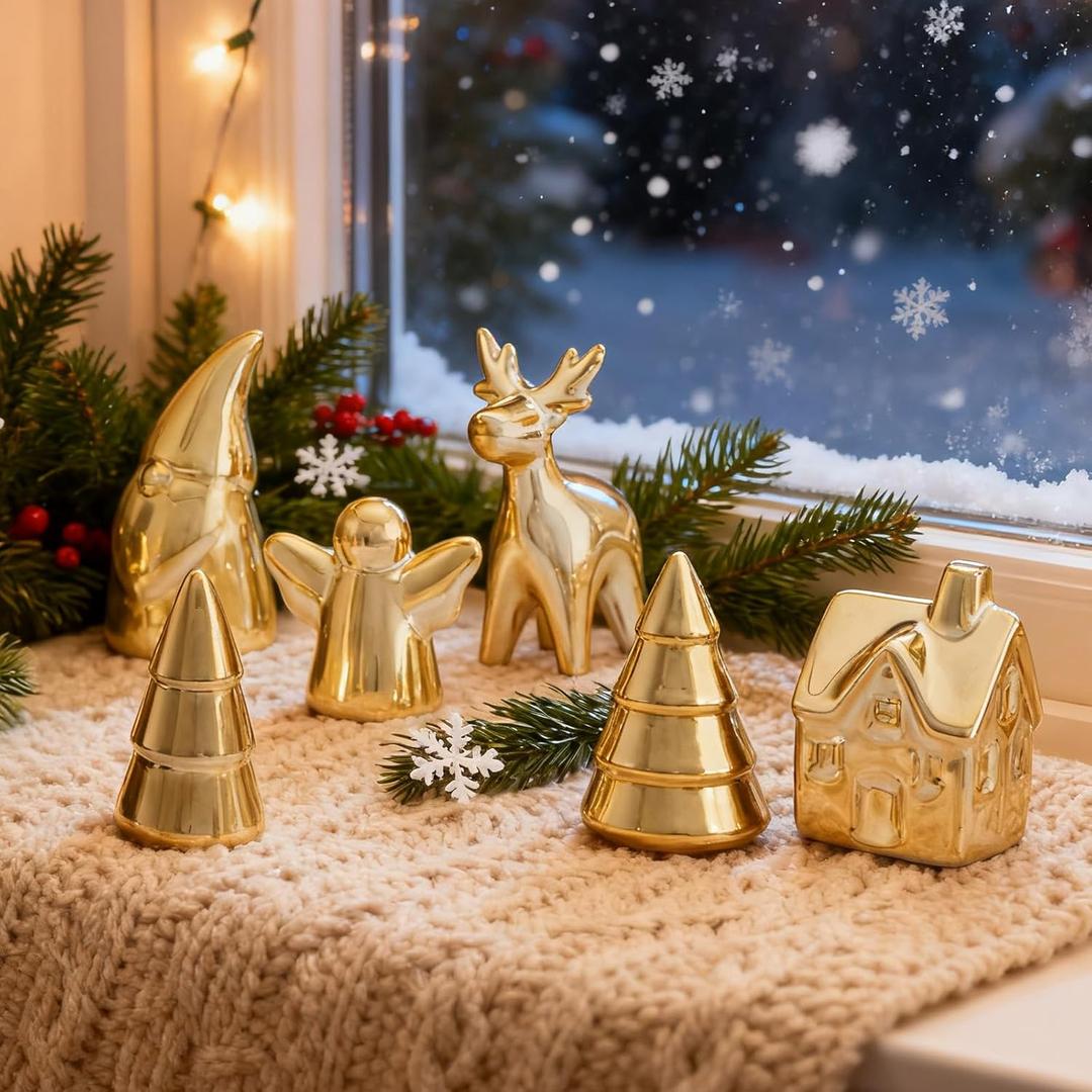 WDS WONDROUS Mini Christmas Figurines Set, 6 Pcs Miniature Christmas Village Houses Set with House, Reindeer, Trees, Angel, Santa - Mini Xmas Figurines Decor for Tiered Tray, Mantel, Centerpiece (B Gold)