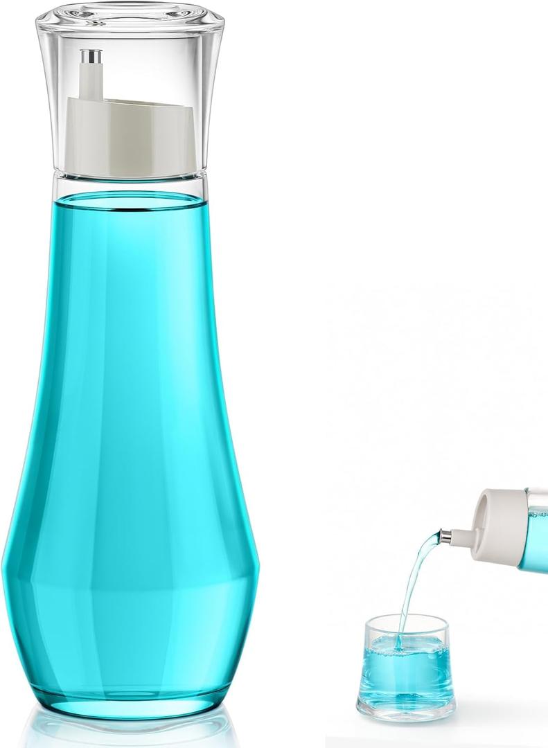 VITVITI Glass Mouthwash Dispenser for Bathroom, 8.8OZ Mouth Wash Container Bottle with Lid Cup, Small Clear Refillable Mouthwash Dispenser Decanter for Countertop, Set of 1 | for Bathroom, with Lid Cup, Small, Refillable