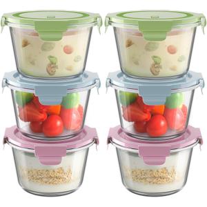 16oz Glass Meal Prep Containers with Lids, Airtight 2 Cup Glass Food Storage Containers Set, Heat-Resistant BPA-Free Container for Soup, Leftovers, Microwave, Oven, Dishwasher & Freezer Safe (6 Packs) (Multicolor)