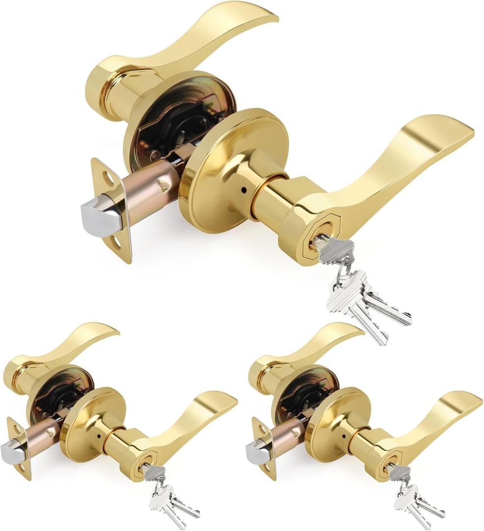 Wave Style Door Lever Keyed Entry Door Handle with Lock, 3 Pack Wholesale Keyed-NOT-Alike Entrance Lever, Reversible for Left/Right Handed for Office or Front Door with Polished Brass Finish