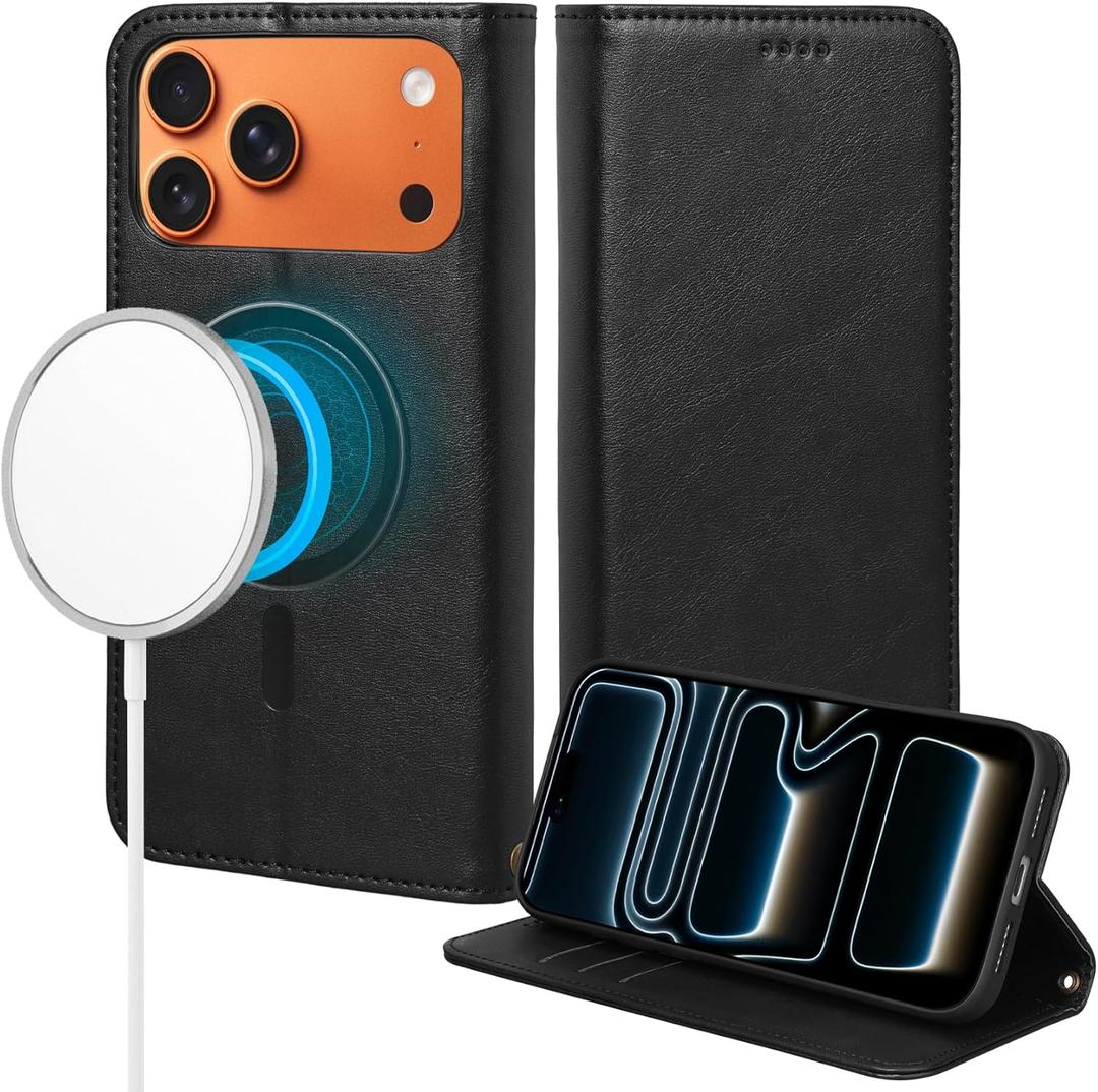 4 x Rssviss for iPhone 17 Pro Max Wallet Case, Flip Folio Case Compatible with Magsafe, RFID Blocking Card Holder Kickstand, Shockproof iPhone Cover Men Women for iPhone 17 Pro Max 6.9" Black