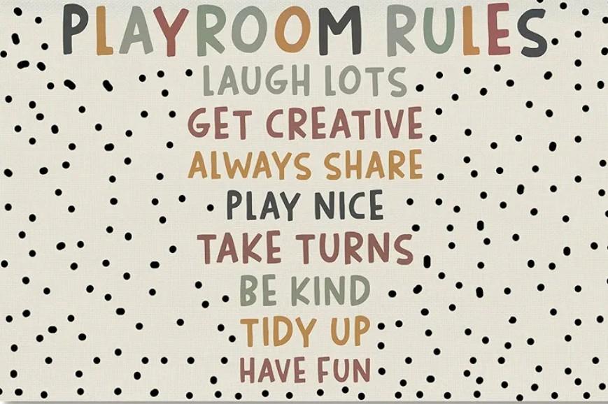 Boho Playroom Kids Hanger With Wood Frame, Classroom Door Hanger, Play Room Rules Wall Art Decor for Kids Play Game Room Bedroom Nursery Home School Playroom Essentials, Nursery Decor, 12X16 Inch