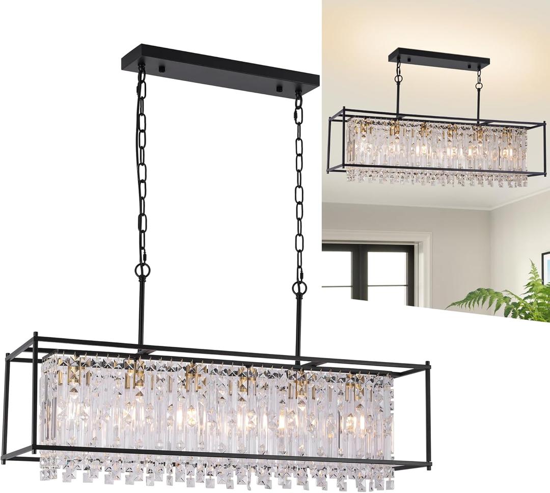 Crystal Chandeliers for Dining Room, Modern Black Chandelier for Living Room, Adjustable Height, 6-Light Pendant Light Fixture, 42 in Large Rectangle Lighting for Kitchen Island Living Room