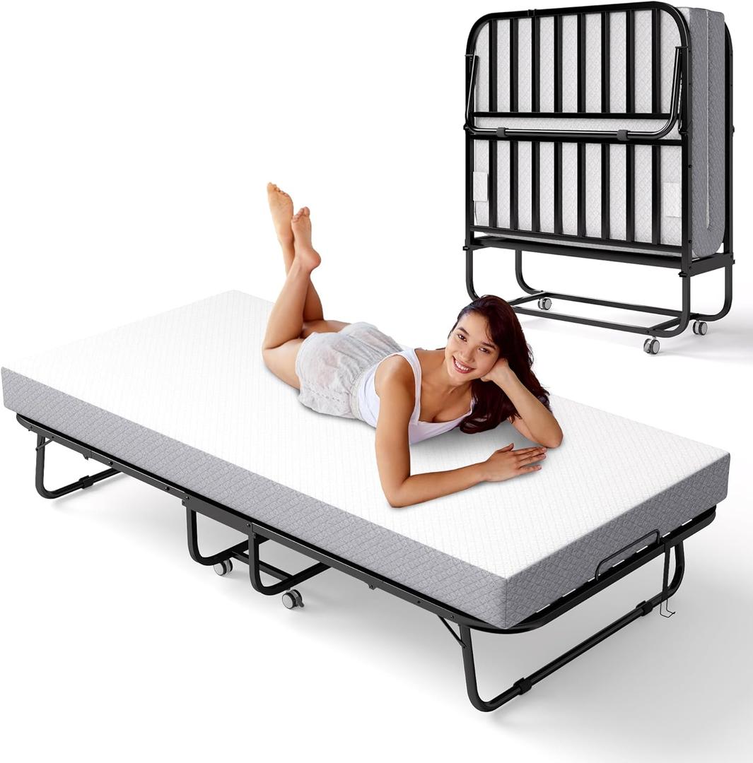 Decofy Folding Bed with Memory Foam Mattress, Portable Rollaway Guest Beds on Wheels, 75"x38" Twin Size Space-Saving Cot-Size Bed for Adults with Easy Assembly Metal Frame (White)