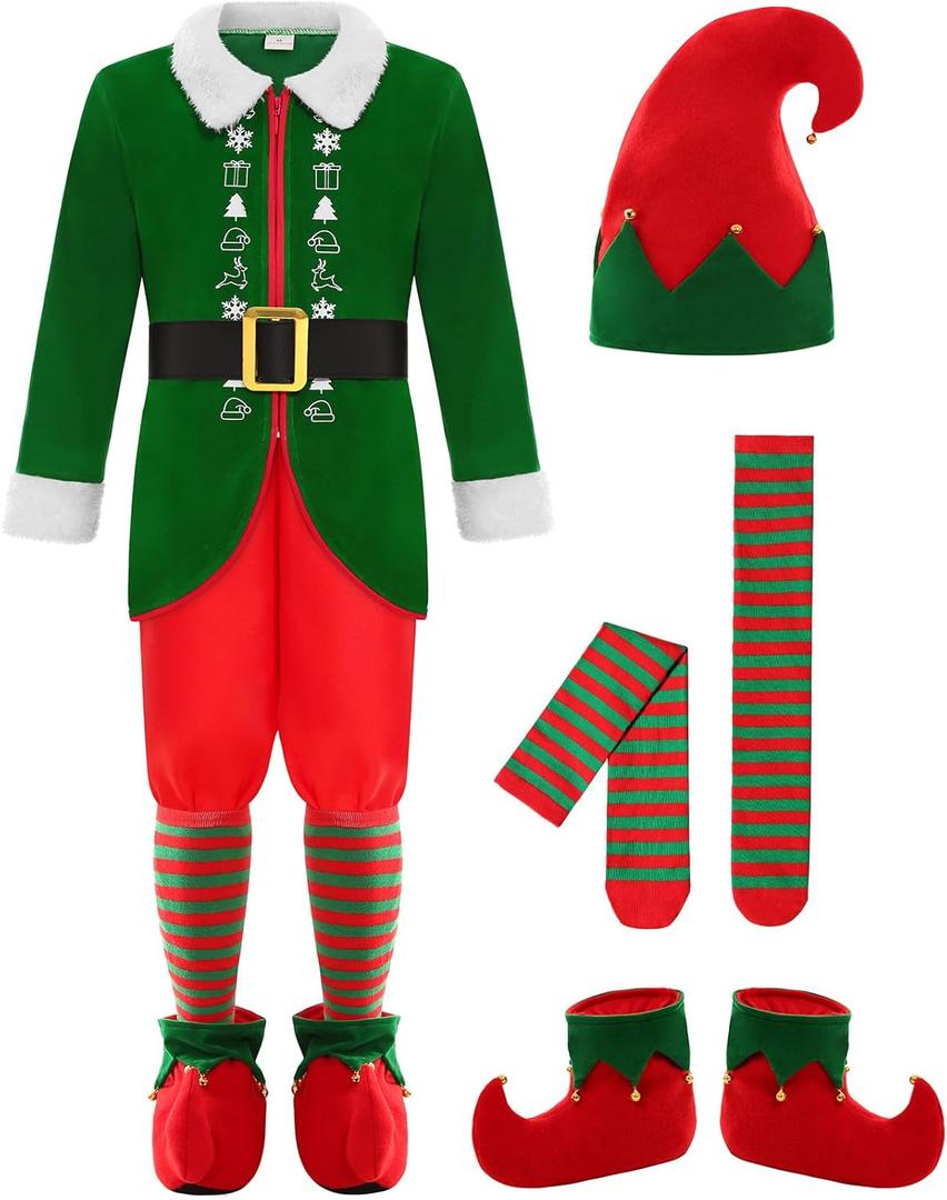 Elf Costume for Boys Kids Christmas Boy Elf Costume Outfit (5-6 Years, Green)