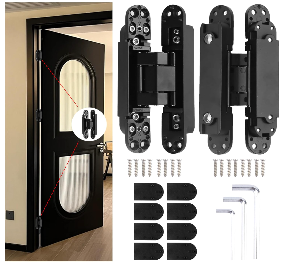 6" Hidden Hinges for Doors Invisible Hinge Concealed Hinges Zinc Alloy 180 Degree Swing Hinge 3 Way Adjustable Butt Silent Door Hinges 6 x 2.5 x 1 inch (Black Pack of 2)