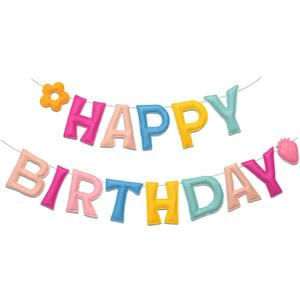 Pastel Pre-Strung 3D Happy Birthday Banner with Strawberry and Flower, Reusable Happy Felt Garland, Rainbow Party Decorations, Personalized Birthday Sign for Girls Womens