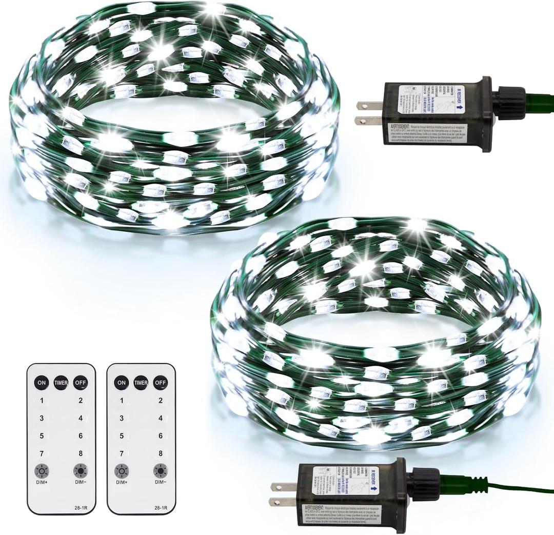 2 Pack Fairy String Lights Plug in 33Ft 100 LED, IP68 Waterproof Christmas Tree Light with Remote Timer Christmas Lights with 8 Modes Dimmable Twinkle Lights for Xmas Indoor Decor (Cool White)