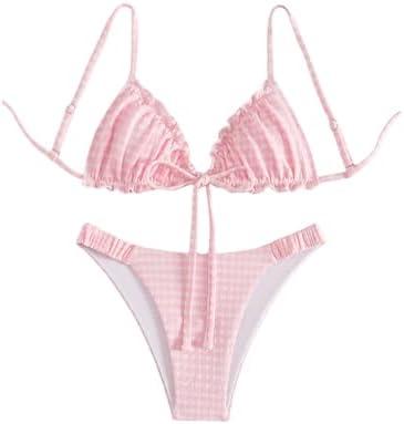 RoseSeek Women's 2 Piece Gingham Bikini Sets Tie Front Frill Bathing Suit Set Wireless Padded Swimsuit S