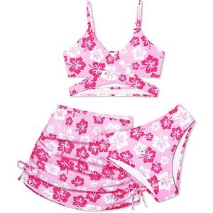 Girls Swimsuits 3 Piece Bathing Suit Allover Printed Criss Cross Bikini Set with Cover Up Skirt Beach Swimwear 13-14years