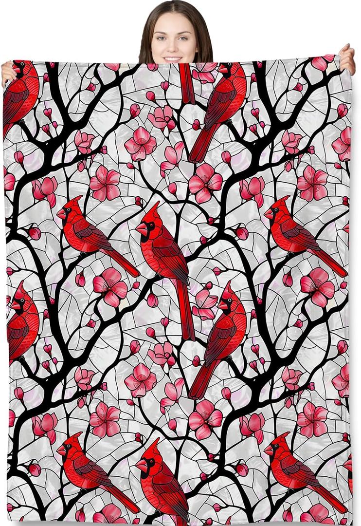 Cardinal Bird Throw Blanket for Adults Kids, 50x60 in, Red Bird and Pink Flower Theme Flannel Blankets for Bedroom, Couch, Travel, Home Decor, Fuzzy Soft Cozy Warm Gifts