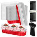 Mini Loaf Pans with Lids and Spoons- 50 Pack 6.8oz Aluminum Bread Cupcake Pie Foil Pans with Sealing Sticker,Rectangle Disposable Baking Cups Muffin Tins Containers for Picnics Party, Red