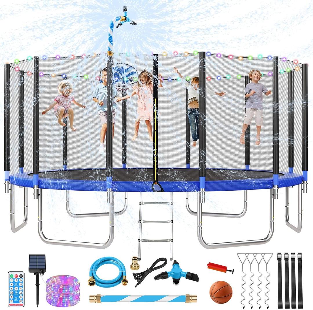 Lyromix Upgraded Trampoline with Lights, Large Outdoor Trampoline with Sprinkler,Basketball Hoop and Net, Capacity for 5-8 Kids and Adults