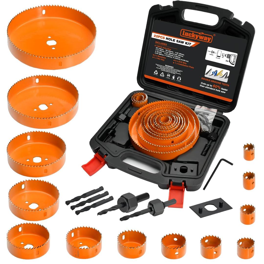 Luckyway Hole Saw Kit Pro, 22PCS Hole Saw Set with 3/4"-6"(19-152mm) 13PCS Hole Saws, Double-Ground Teeth for Clean Cutting, Ideal for Soft Wood, Plywood, Drywall, PVC