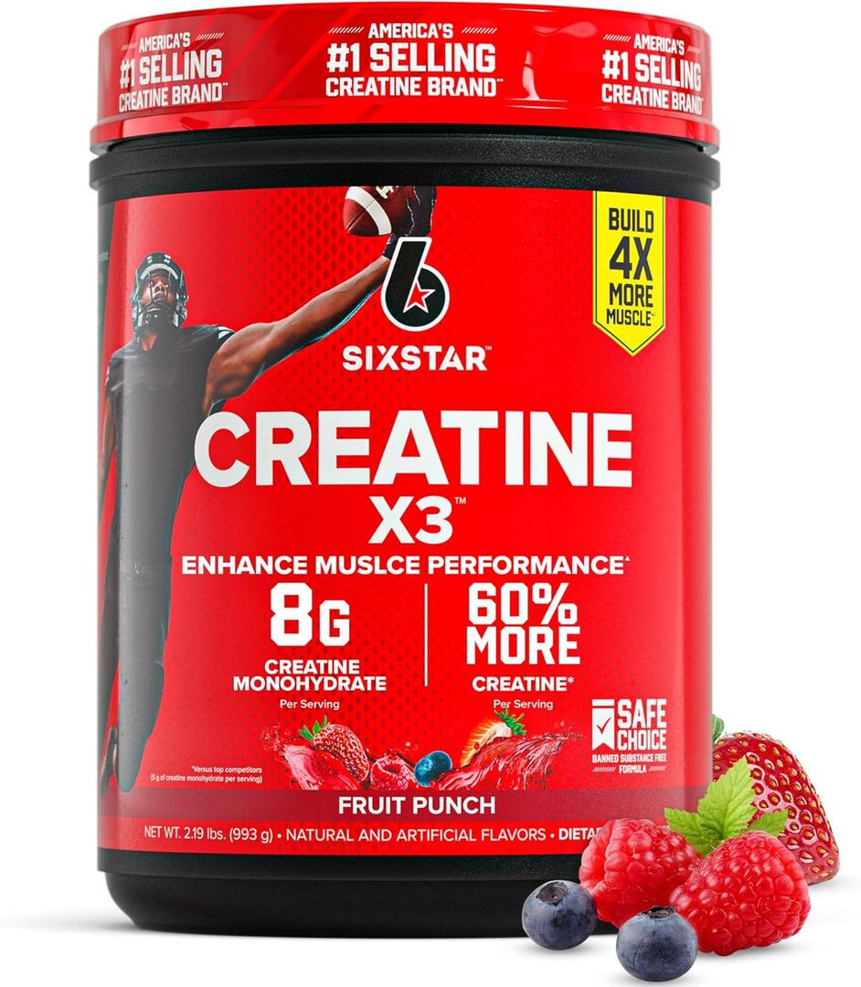 Six Star Creatine Monohydrate Powder, X3 (Fruit Punch) - Flavored Creatine HCl Powder Monohydrate Supplement for Muscle Building & Performance - Post Workout Supplement for Men & Women - 30 Servings