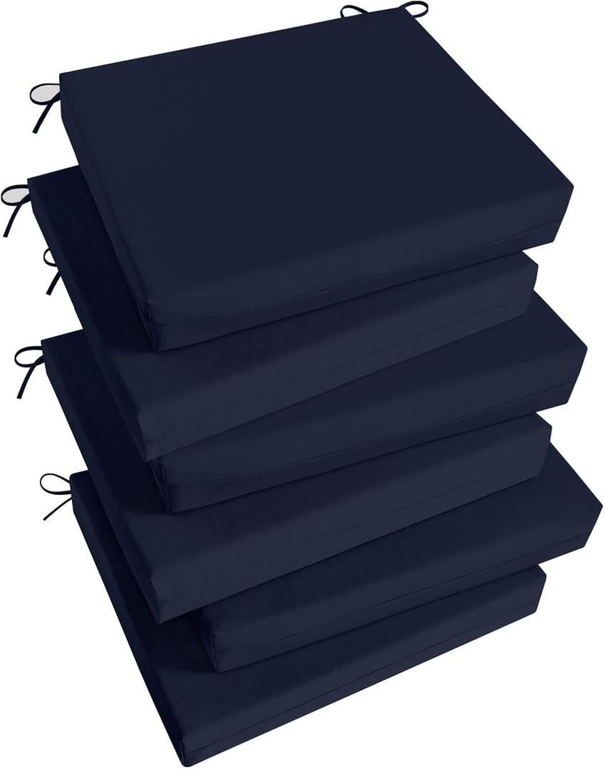Basic Beyond Outdoor Chair Cushions Set of 6, Square Corner Outdoor Cushions for Patio Furniture, Water Resistant Patio Chair Cushions with 2 Ties, 18.5x16x3, Navy