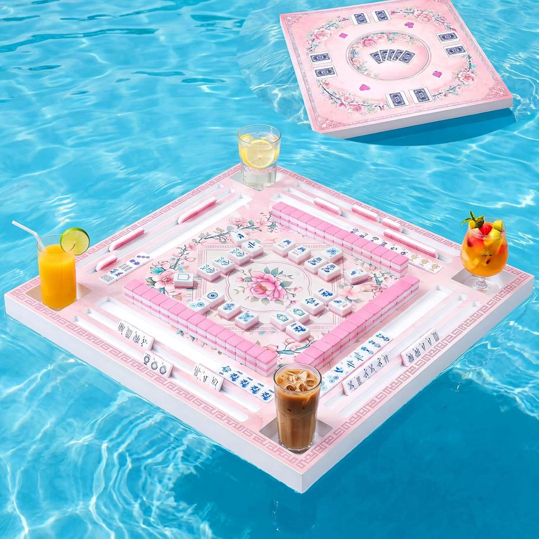 Mahjong Table Top with 3-tier Tile Rack, Reversible Poker Table Top, 4 Built-in Cup Holders, Dual-sided Game Board for American Mahjong, Poker, Dominoes, Card Games, Game Night Accessories, 31.5 x 31.5 x 2 inches