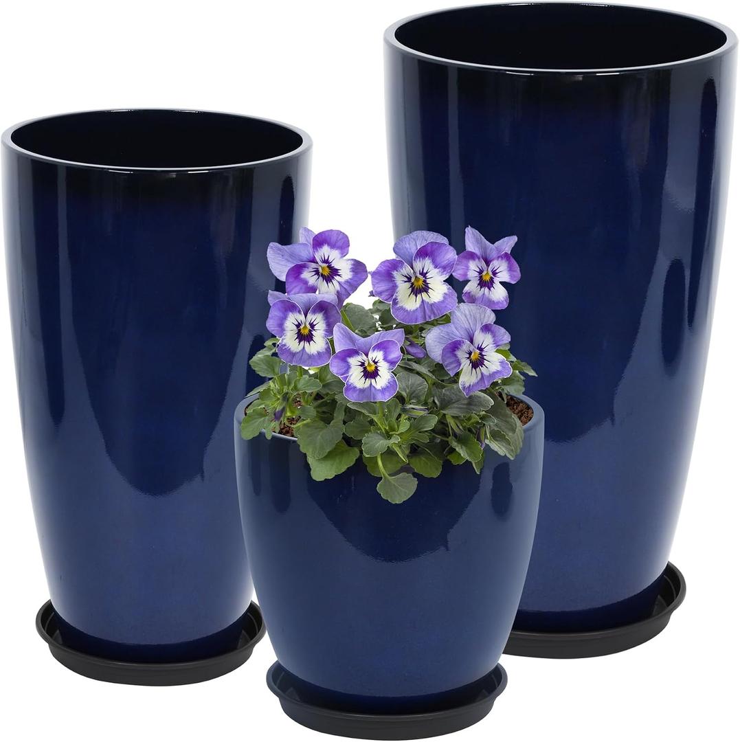 Neoaider Set of 3 Tall Planter, 24/21/12in Large Plastic Planter, Blue