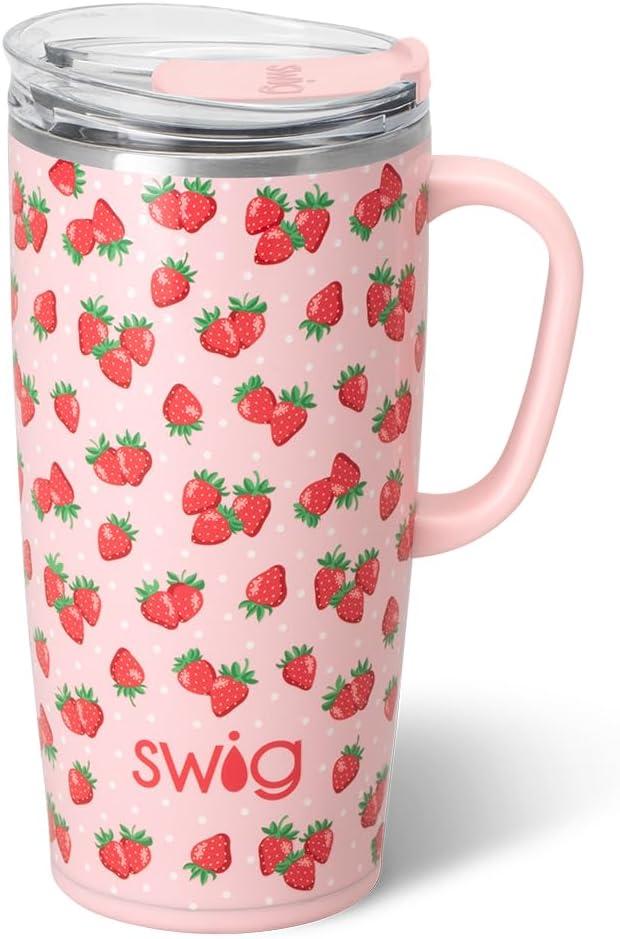 Swig Life 22oz Travel Mug, Insulated Tumbler with Handle and Lid, Travel Coffee Mug, Cup Holder Friendly, Stainless Steel 22 oz Tumbler, Reusable Insulated with Lid (Strawberry Shortcake)