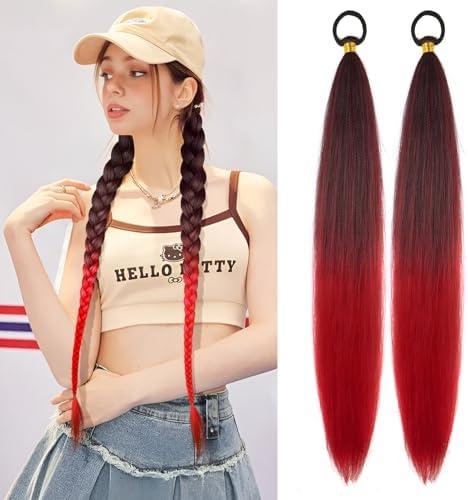 LyoRuSi 2 Pack Braid Ponytail Extension with Elastic Tie Straight Sleek Wrap Around Braid Wig Ponytail Black Red gradient 26 Inch (Black/Red)