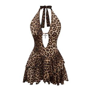 SOLY HUX Women's Leopard Print Halter Dress Y2k Gothic Deep V Cheetah Tie Backless Layered Ruffle Mini Dresses Brown Leopard Large 