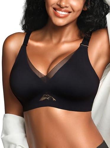 Wireless Bras for Women No Underwire, Seamless V Neck Mesh Bralette, Everyday Full Coverage Comfortable Bra S