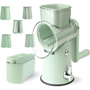TOPAA Rotary Cheese Grater with Handle Vegetable Shredder with 5 Blades, Round Mando line Slicer and Food Chopper for Kitchen (Green)