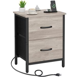 Vagusicc Nightstand with Charging Station, Bedside Table with USB Ports and Outlet, End Table Side Table with 2 Fabric Drawers for Bedroom, Living Room, Greige