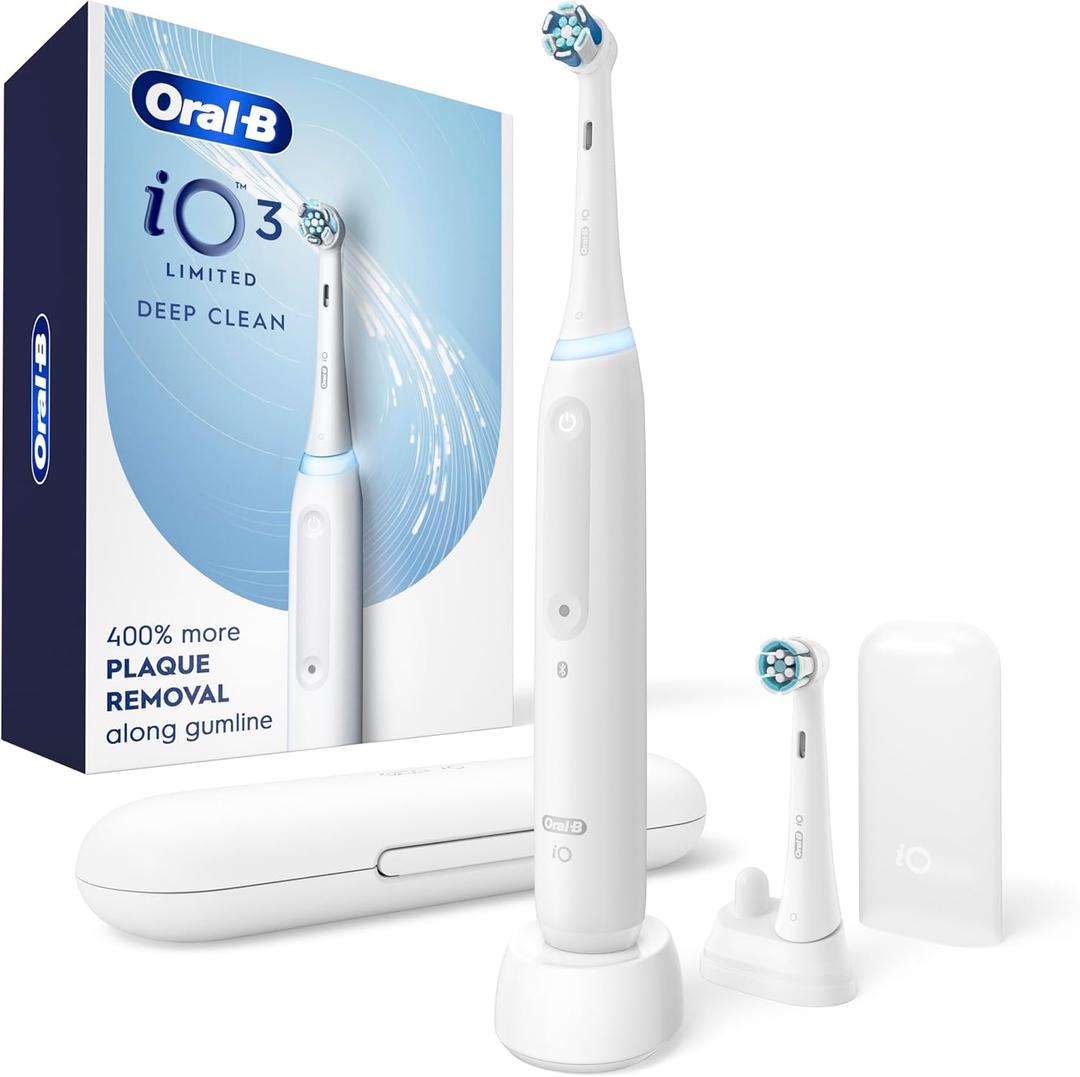 Oral-B Rechargeable Electric Toothbrush, iO3 Limited Deep Clean, 3 Cleaning Modes, Visual Pressure Sensor to Protect Gums, 2 Brush Heads, Travel Case, White