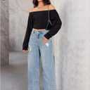RoseSeek Women's Off The Shoulder T Shirt Long Sleeve Crop Tops Casual Basic Tees (Black, L)