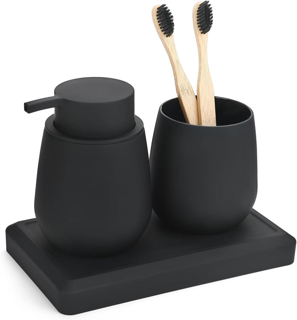 Black Bathroom Accessories Set, Modern 3 Pcs Bathroom Essentials - Soap Dispenser, Toothbrush Holder & Tray, Countertop Vanity Organizer (Black)
